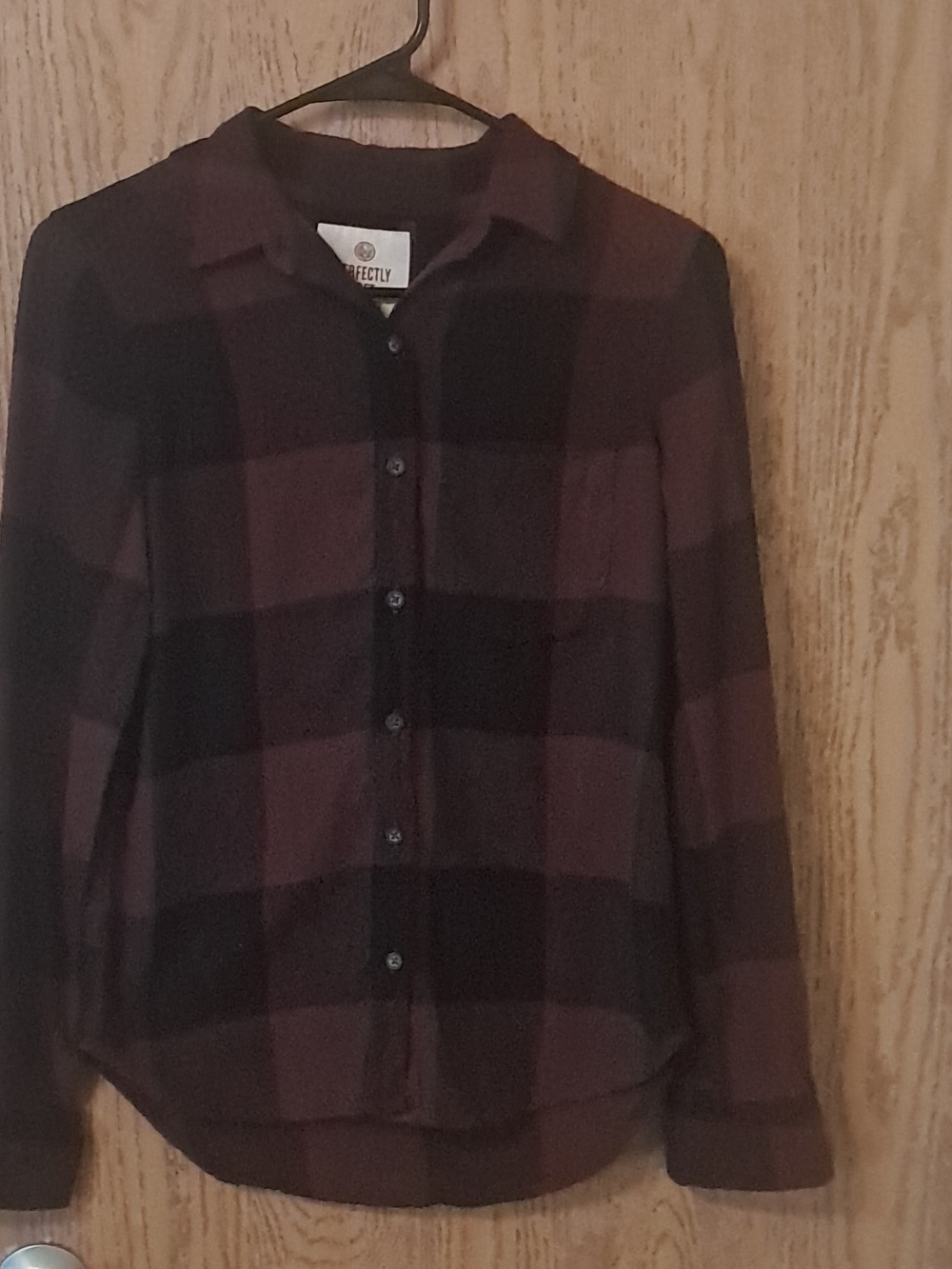 SO Men's Burgundy and Black Plaid Button-Down Shirt XS